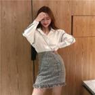 Fringed Shirt / Tweed Mini A-line Skirt
