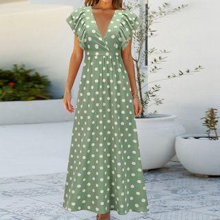 Dot Print V-neck Short-sleeve A-line Dress