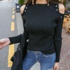 Eyelet Cutout-shoulder Rib-knit Top