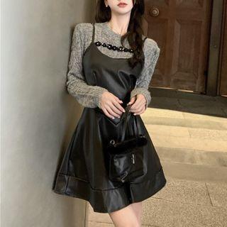 Spaghetti Strap Mini A-line Dress / Knit Top