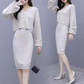Set: V-neck Knit Cardigan + Knit Pencil Skirt
