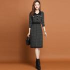 Long-sleeve Collared Houndstooth Knit Sheath Dress