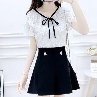 Set: Tie-neck Short-sleeve Lace Top + High Waist Buttoned Shorts