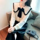 Long-sleeve Wide-collar Bow Lace Blouse