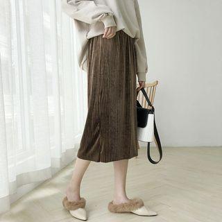 Accordion Pleat Midi Velvet Skirt Coffee - One Size