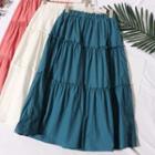 Plain Ruffle Trim Tiered Midi A-line Skirt