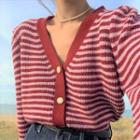 Striped V-neck Cardigan Stripe - Red & Pink - One Size