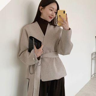 Collarless Wool Blend Jacket With Sash