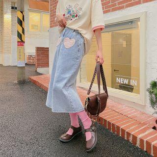 Heart Applique Midi A-line Denim Skirt