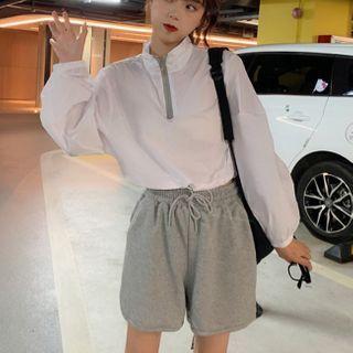 Puff-sleeve Half-zip Top / Shorts