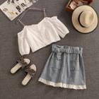 Set: Elbow-sleeve Lace Blouse + Denim Skirt