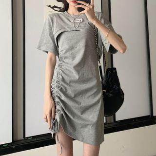 Set: Spaghetti Strap Drawstring Dress + Short-sleeve Crop T-shirt