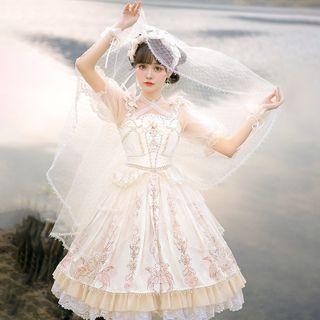 Short-sleeve A-line Dress / Lace Veil / Bracelet / Choker / Set