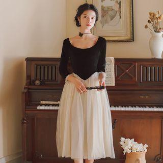 Two-tone 3/4-sleeve Midi A-line Dress