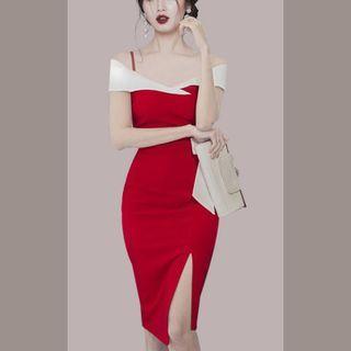 Cold-shoulder Two-tone Slit Sheath Dress