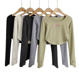 Long Sleeve Lettering Embroidered Crop Top