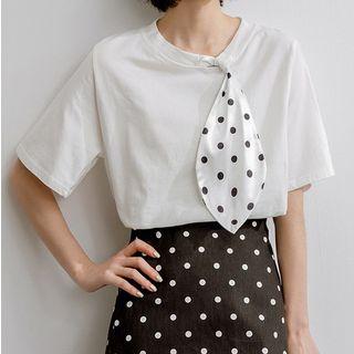 Elbow-sleeve Polka Dot Paneled T-shirt White - One Size