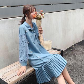 Bow V-neck Mesh Accordion Pleat Dress