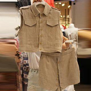 Set: Plain Sleeveless Blouse + High Waist Skort