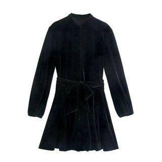 Long-sleeve Tie-waist Mini A-line Velour Dress