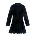 Long-sleeve Tie-waist Mini A-line Velour Dress