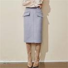 Flap-front Wool Blend Midi Skirt