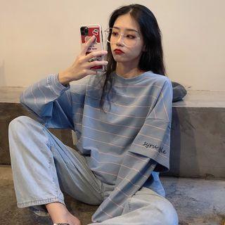 Mock Two-piece Striped Lettering Print T-shirt