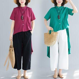 Set : Asymmetrical Medium Long Shirt + Wide-leg Pants