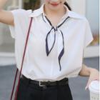 Short-sleeve Collared Tie-neck Blouse