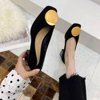 Fabric Square Toe Block Heel Pumps