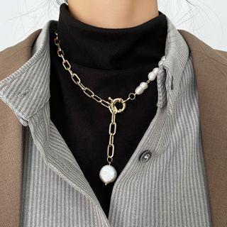 Stainless Steel Faux Pearl Pendant Chain Necklace