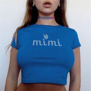 Short-sleeve Rhinestone Lettering Cropped T-shirt