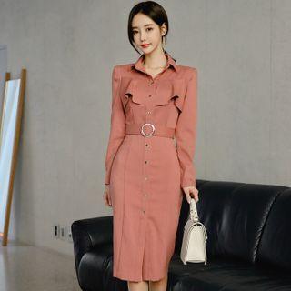 Long-sleeve Frill Trim Midi Sheath Shirtdress
