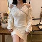 Cold-shoulder Hooded Ribbed Knit Dress White - One Size