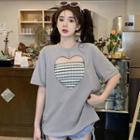 Set: Short-sleeve Crew Neck Heart Cutout T-shirt + Striped Knit Tube Top Set - T-shirt & Tube Top - Gray - One Size