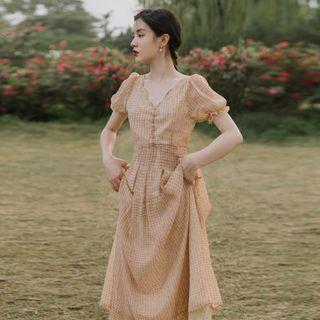 Puff-sleeve Checked Buttoned A-line Midi Dress