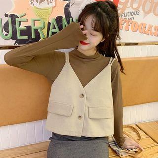 Long-sleeve Mock-neck T-shirt / Buttoned Vest