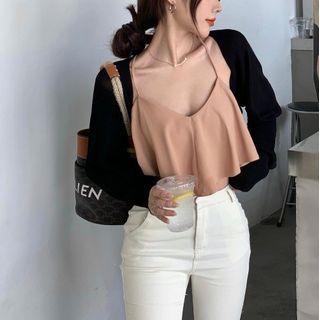 Ruffle Cropped Camisole Top / Plain Cardigan