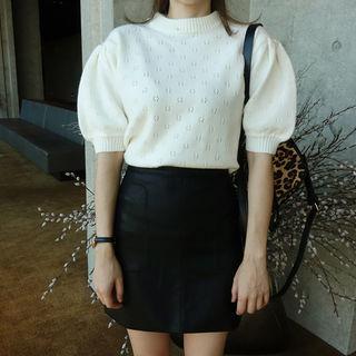 Puff-sleeve Perforated Knit Top Ivory - One Size