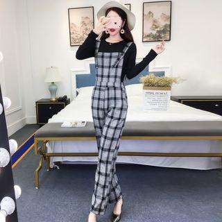 Set: Long-sleeve T-shirt + Plaid Jumper Pants