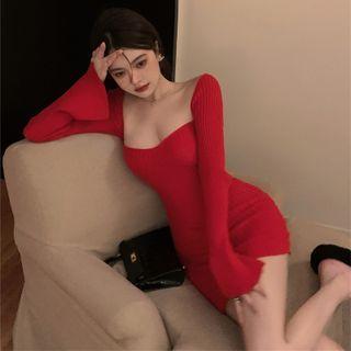 Long-sleeve Off-shoulder Mini Bodycon Dress Red - One Size