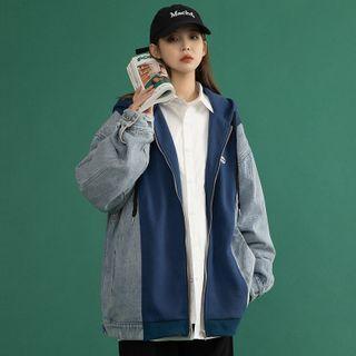 Denim Panel Hood Zip Jacket