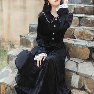Long-sleeve Collared Midi A-line Velvet Dress