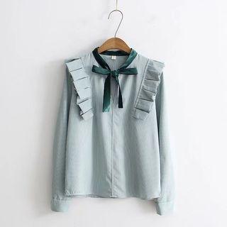 Long-sleeved Bow Striped Blouse
