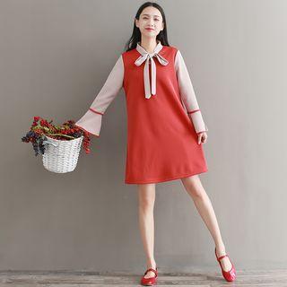 Bow Accent Color Block Long-sleeve Dress