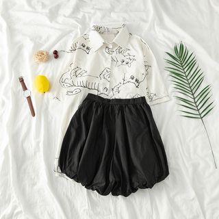 Short-sleeve Animal Patterned Shirt / High-waist Shorts