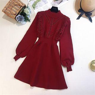 Mock-turtleneck Lace Trim Long-sleeve A-line Dress