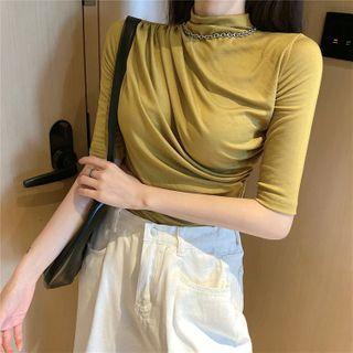 Elbow-sleeve Mock Turtleneck Shirred T-shirt