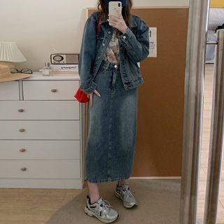 Button-up Denim Jacket / Midi Pencil Skirt