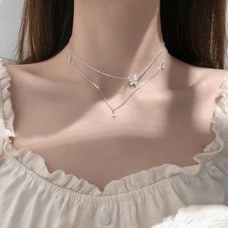 925 Sterling Silver Rhinestone Butterfly Pendant Layered Choker